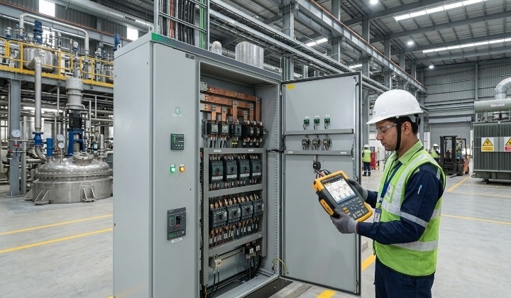 Industrial production machine control panel with VFD drives